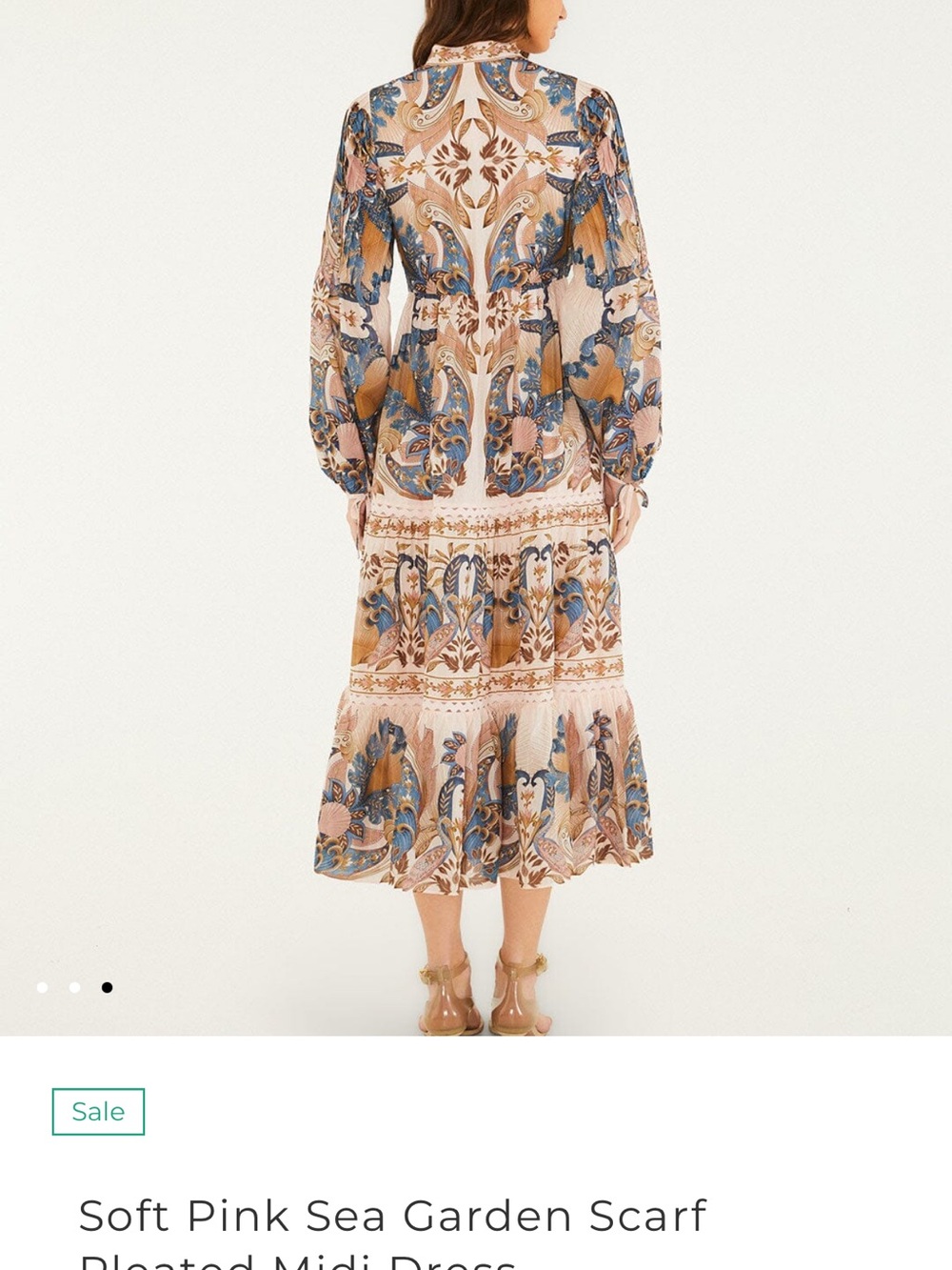 FARM Rio Pink Paisley Floral Long Sleeve Midi Dress with Blue and Tan Accents - Picture 4 of 4
